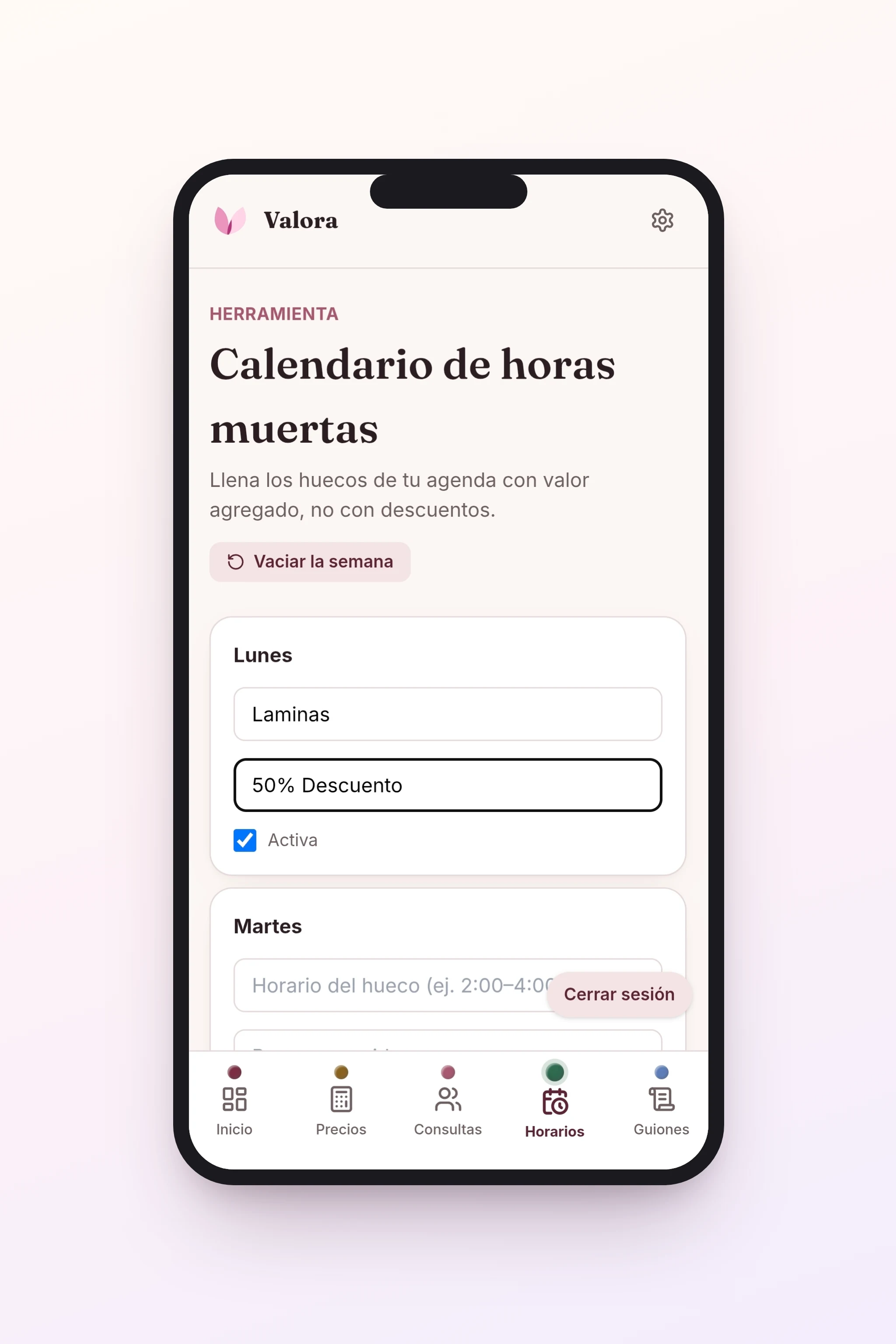 Captura real del calendario de horas muertas en Valora